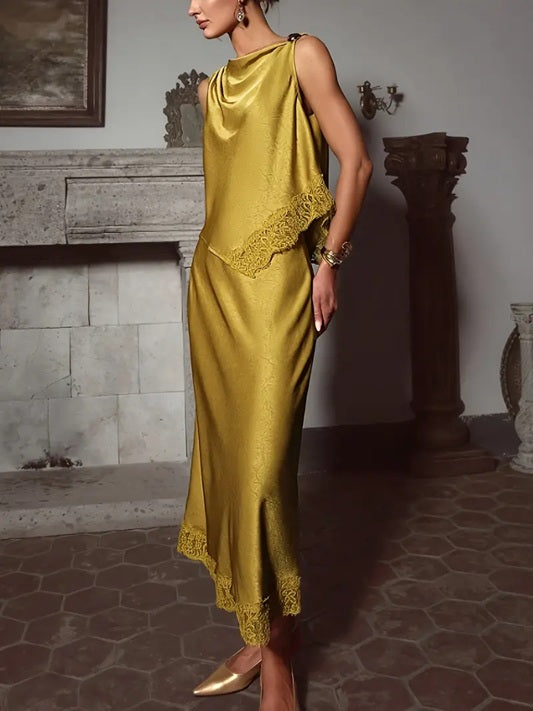 CM-ST461995 Women Elegant Seoul Style Solid Color Glossy Contrast Lace Splicing Vest With Long Skirt - Set