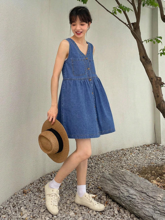 CM-DS941911 Women Preppy Seoul Style Medium Wash Button Front Denim Dress