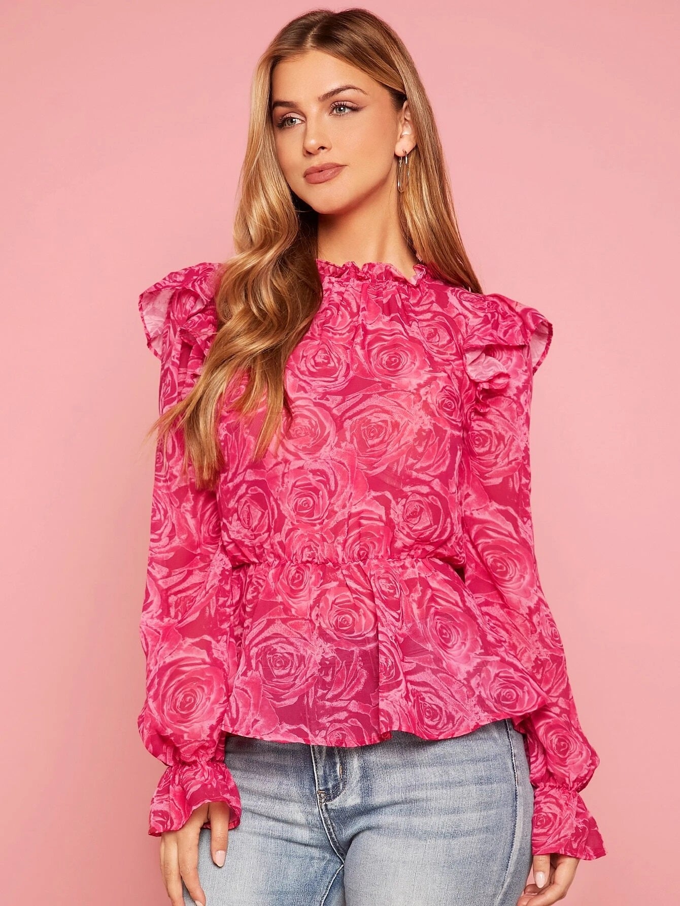 CM-TS814000 Women Casual Seoul Style Floral Print Ruffle Trim Flounce Sleeve Peplum Blouse