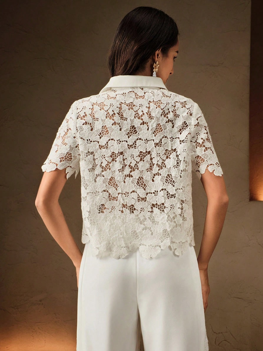 CM-TS613219 Women Elegant Seoul Style Sheer Embroidery Hollow Floral Polo Collar Open Front Blouse - White