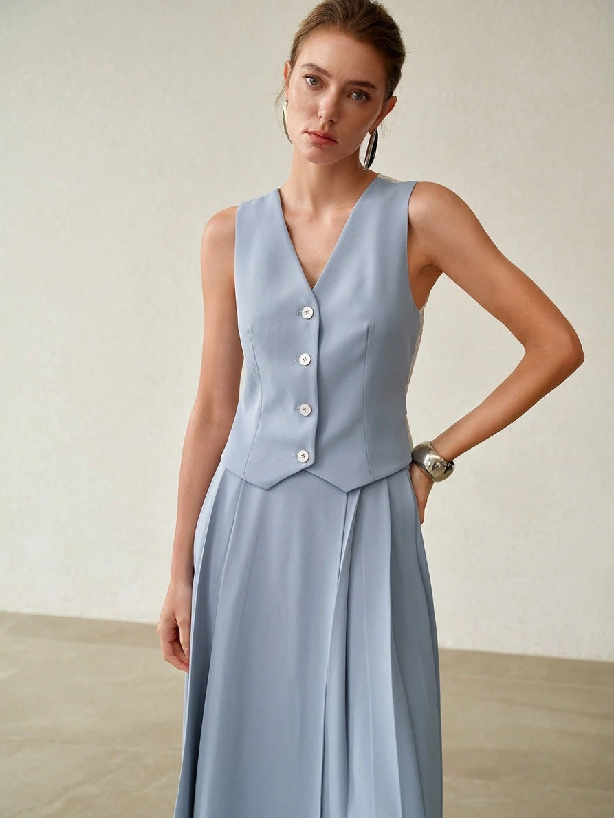 CM-SS290413 Women Elegant Seoul Style V-Neck Sleeveless Contrast Lace Top With Midi Skirt - Set
