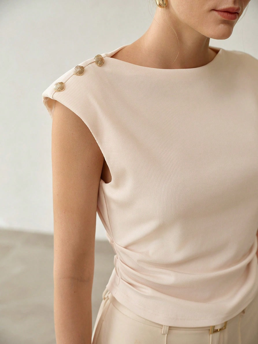 CM-SS414868 Women Elegant Seoul Style Round Neck Cap Sleeve Waist-Cinching T-Shirt With Metal Belt Buckle Decor Suit Pants - Set