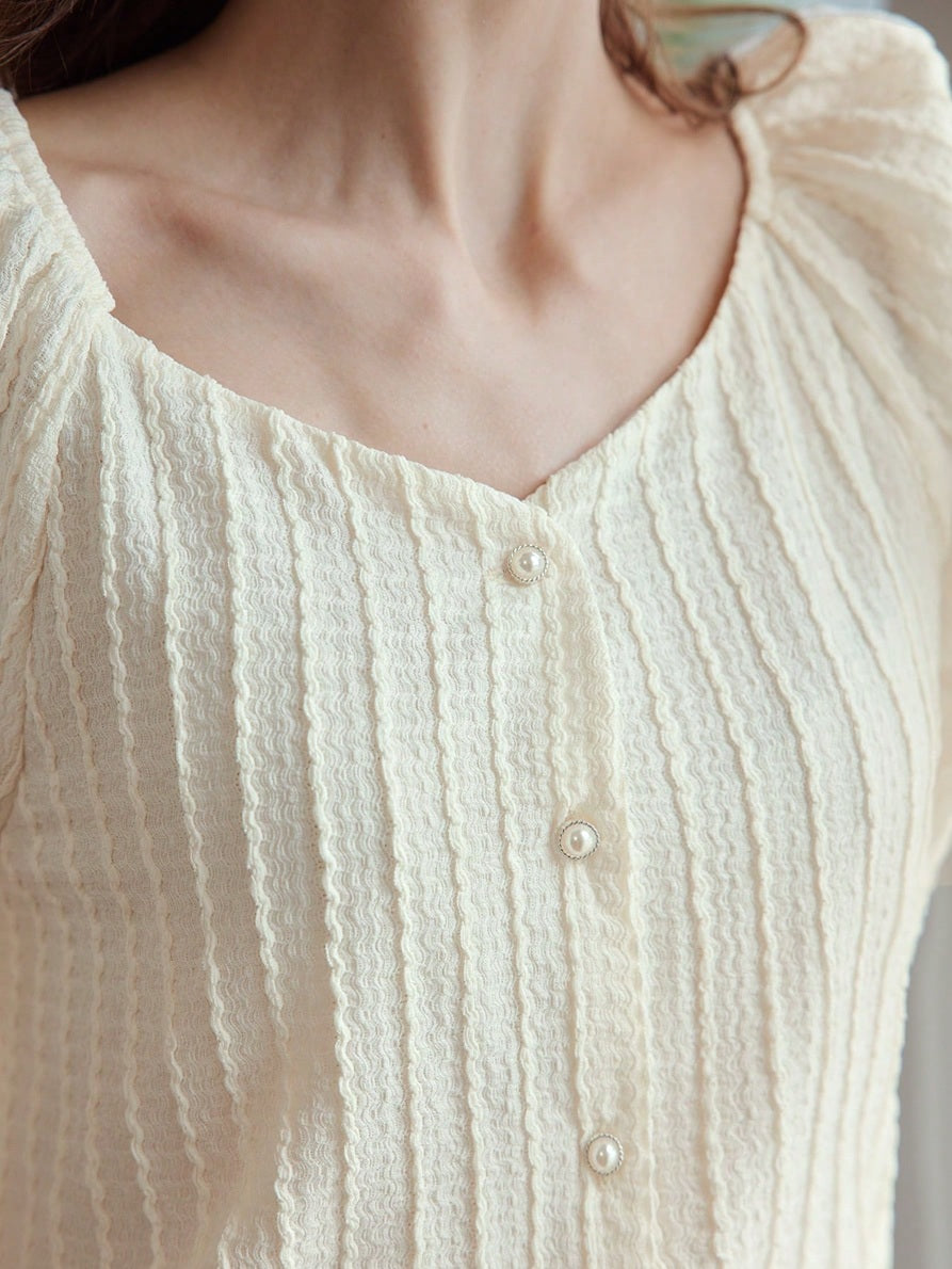 CM-TS406926 Women Casual Seoul Style Sweetheart Neckline Puff Sleeve Faux Pearl Button Top - Apricot