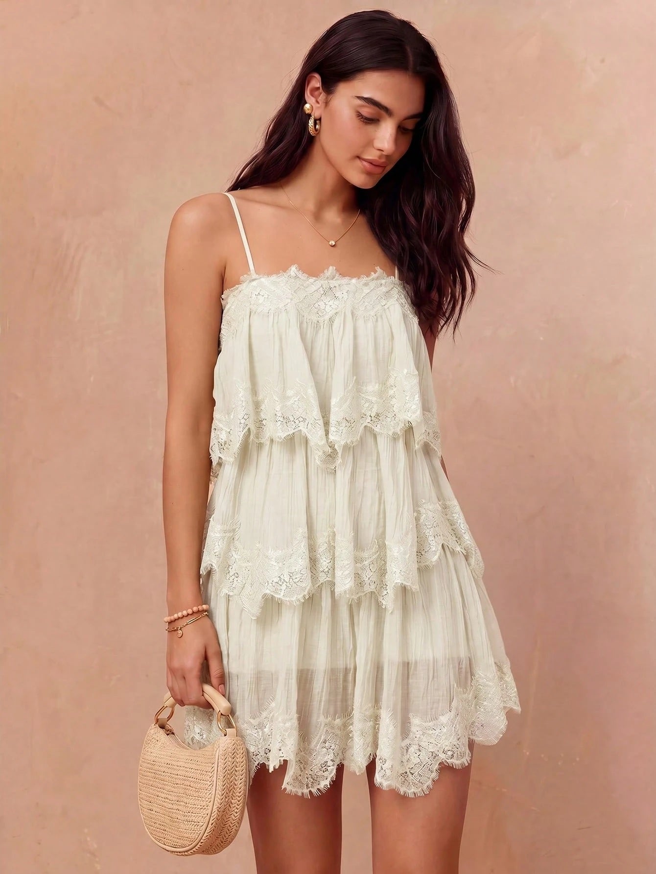 CM-DS559153 Women Elegant Seoul Style Lace Patchwork Pleated Spaghetti Strap Dress - Apricot