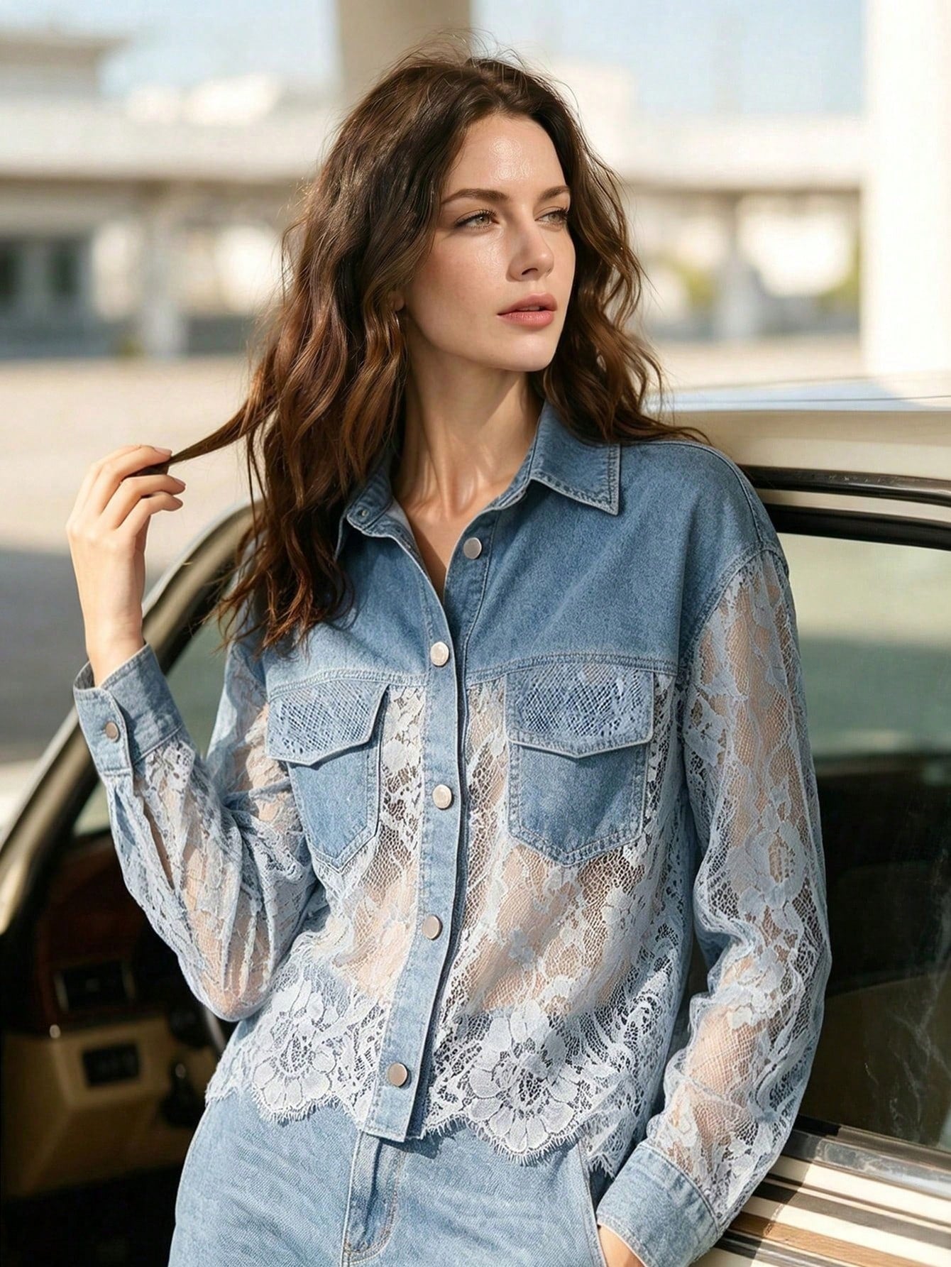 CM-TS847731 Women Elegant Seoul Style Shirt Collar Long Sleeve Lace Patchwork Asymmetrical Denim Short Top - Blue