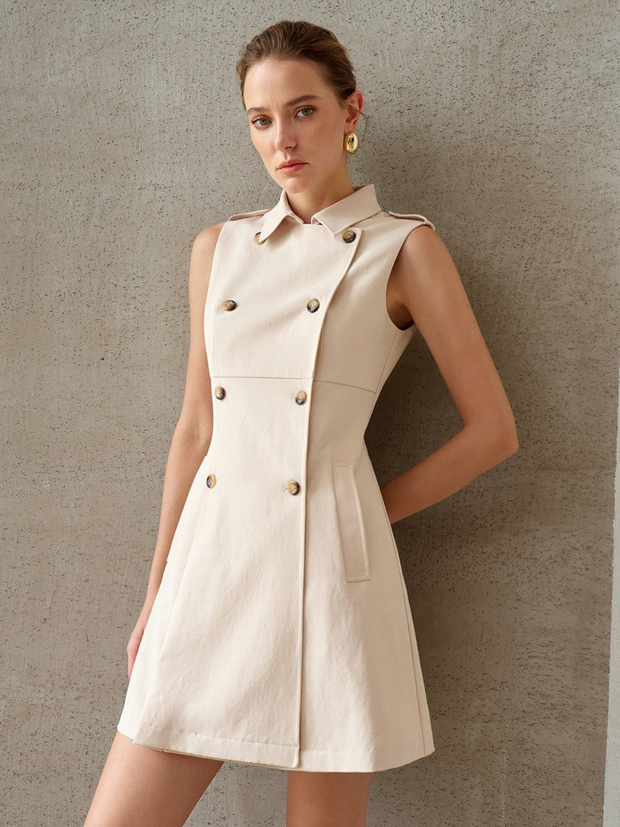 CM-DS190152 Women Elegant Seoul Style Collar Neckline Sleeveless Scarf Detail Double-Breatsted Dress - Apricot