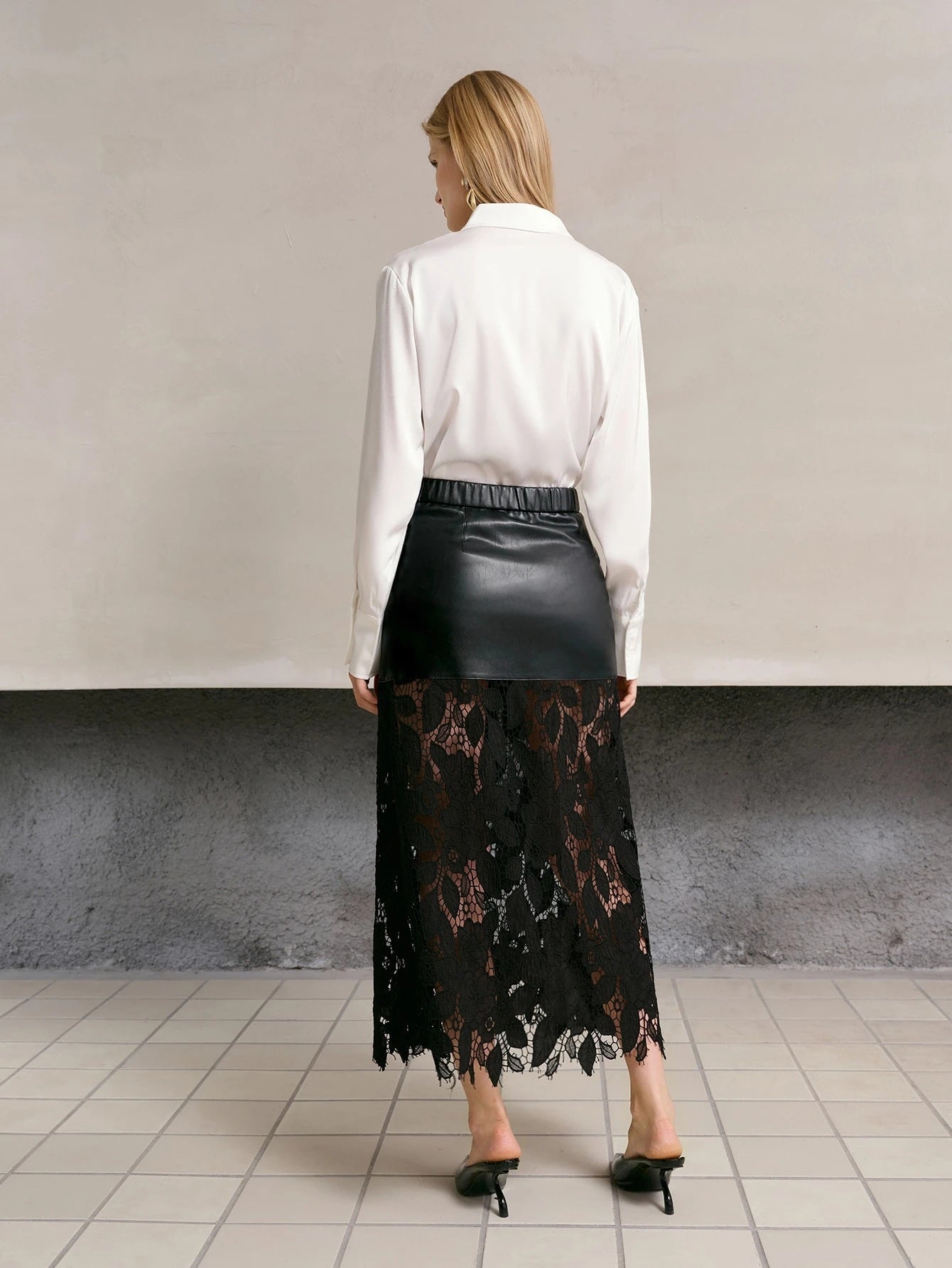 CM-BS041093 Women Elegant Seoul Style Mid Waist PU Patchwork Sheer Guipure Lace Long Skirt - Black