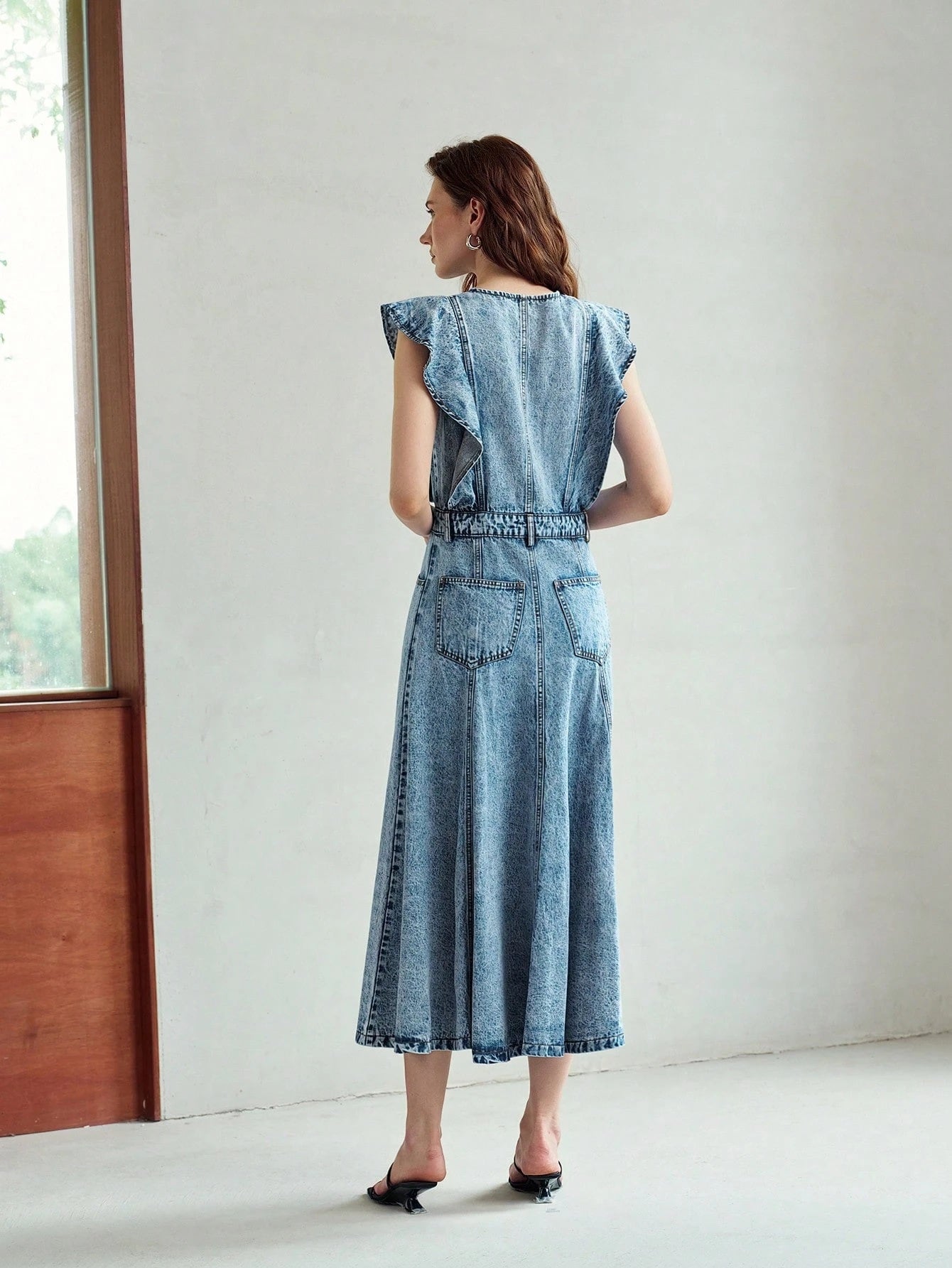 CM-DS145343 Women Elegant Seoul Style Round Neck Sleeveless Ruffle Trim Mid-Length Denim Dress - Blue