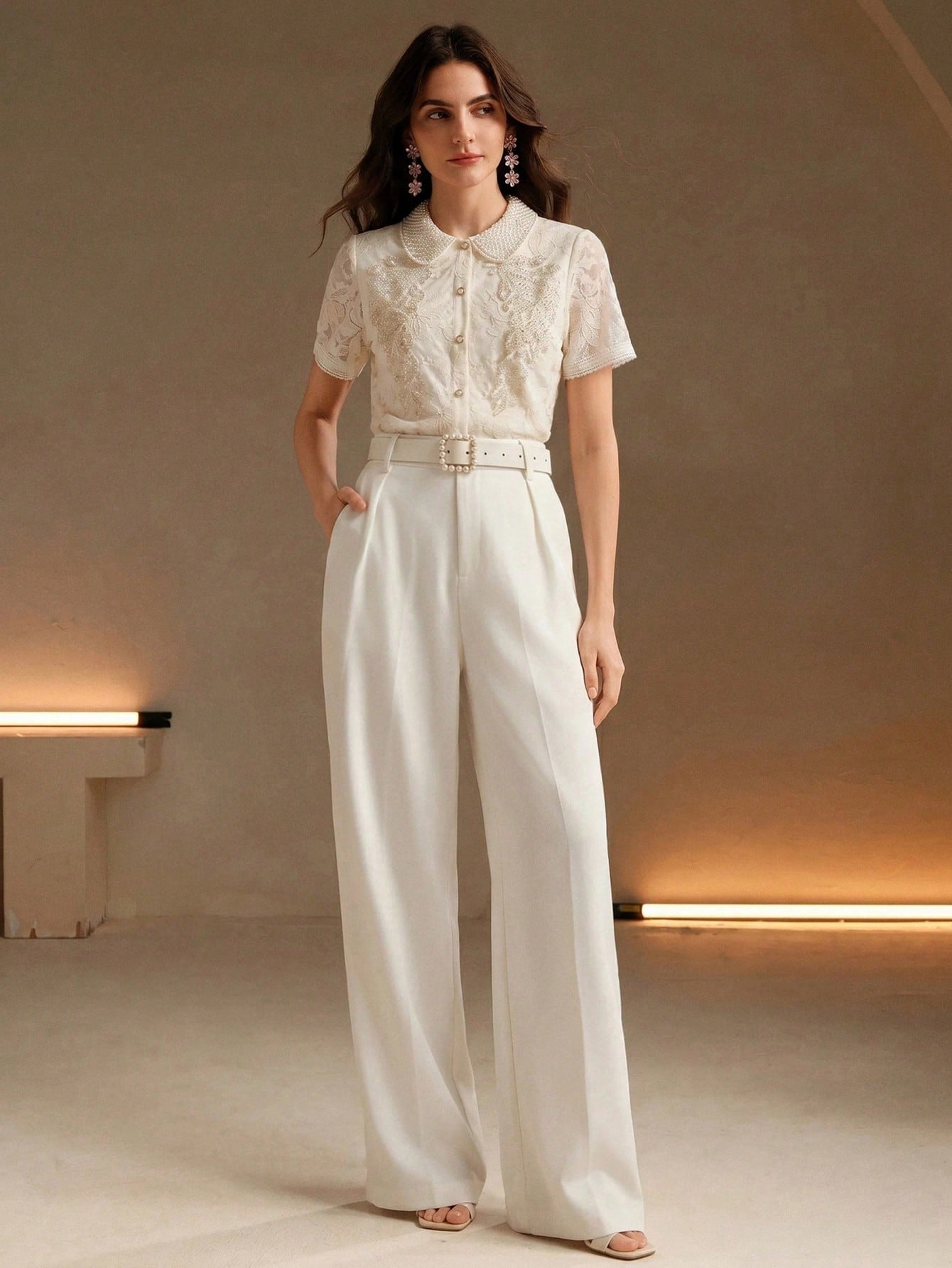 CM-TS281479 Women Elegant Seoul Style Peter Pan Collar Short Sleeve Rhinestone Lace Blouse - Apricot