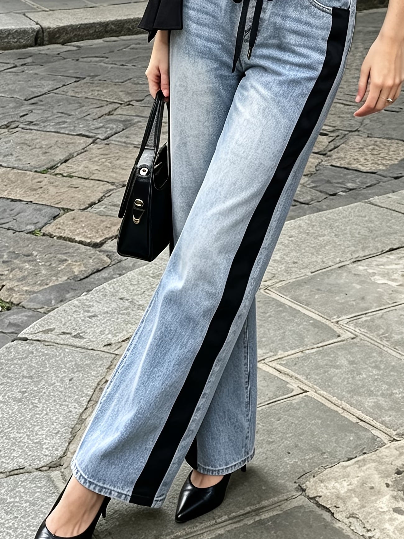 CM-BT050887 Women Casual Seoul Style High-Waist Black Webbing on the Side Drawstring Bow Decoration Jeans