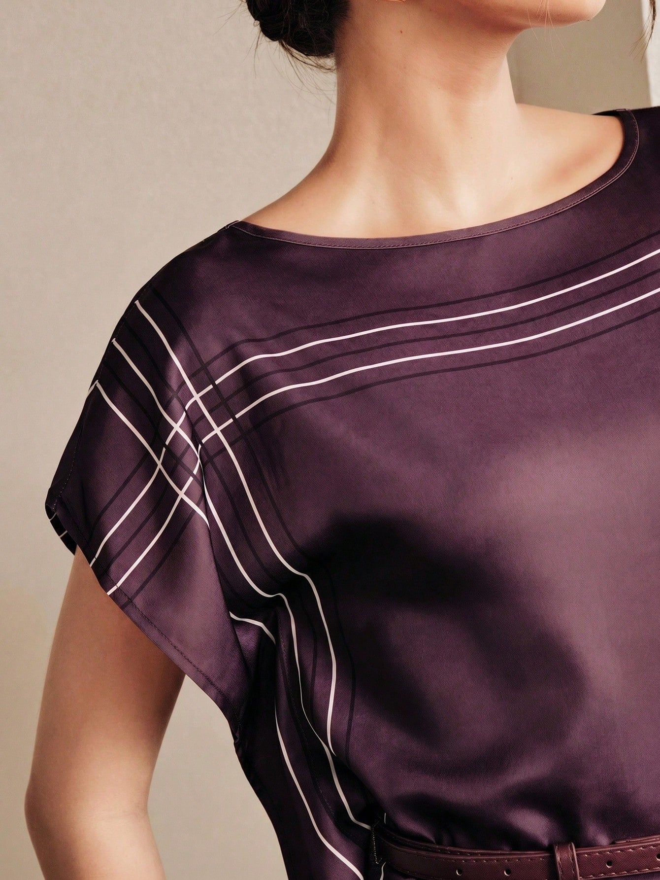 CM-TS644206 Women Elegant Seoul Style Round Neck Scarf-Like Texture Top With Belt Detail - Purple