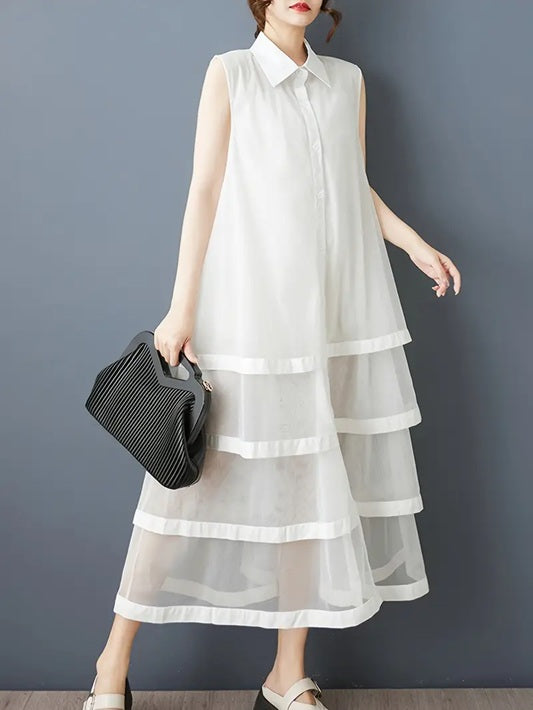 CM-DT033674 Women Casual Seoul Style Collar Neckline Button Front Sleeveless A-Line Shirt Dress - White