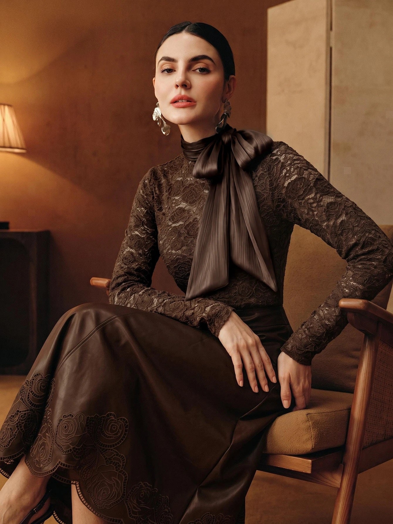 CM-TS166760 Women Elegant Seoul Style Stand Collar Long Sleeve Hollow Lace Rose Bow Top - Brown