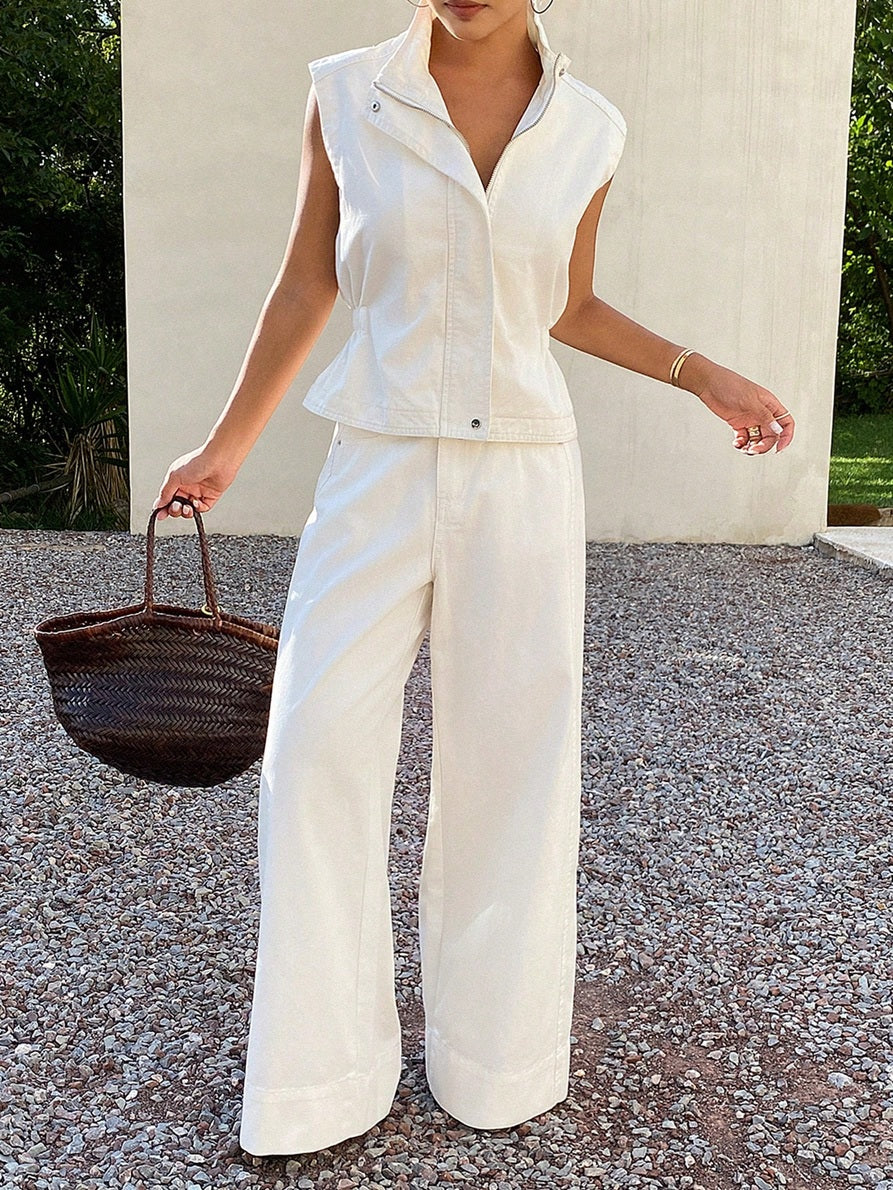 CM-SS463330 Women Casual Seoul Style Collared Sleeveless Waist-Cinching Denim Vest Top With High-Waist Wide-Leg Pants - Set