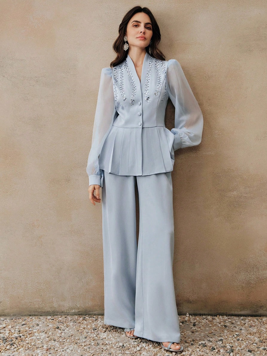CM-SS511976 Women Elegant Seoul Style Shawl Collar Mesh Long Sleeve Rhinestone Fitted Blouse With Straight Leg Pants - Set