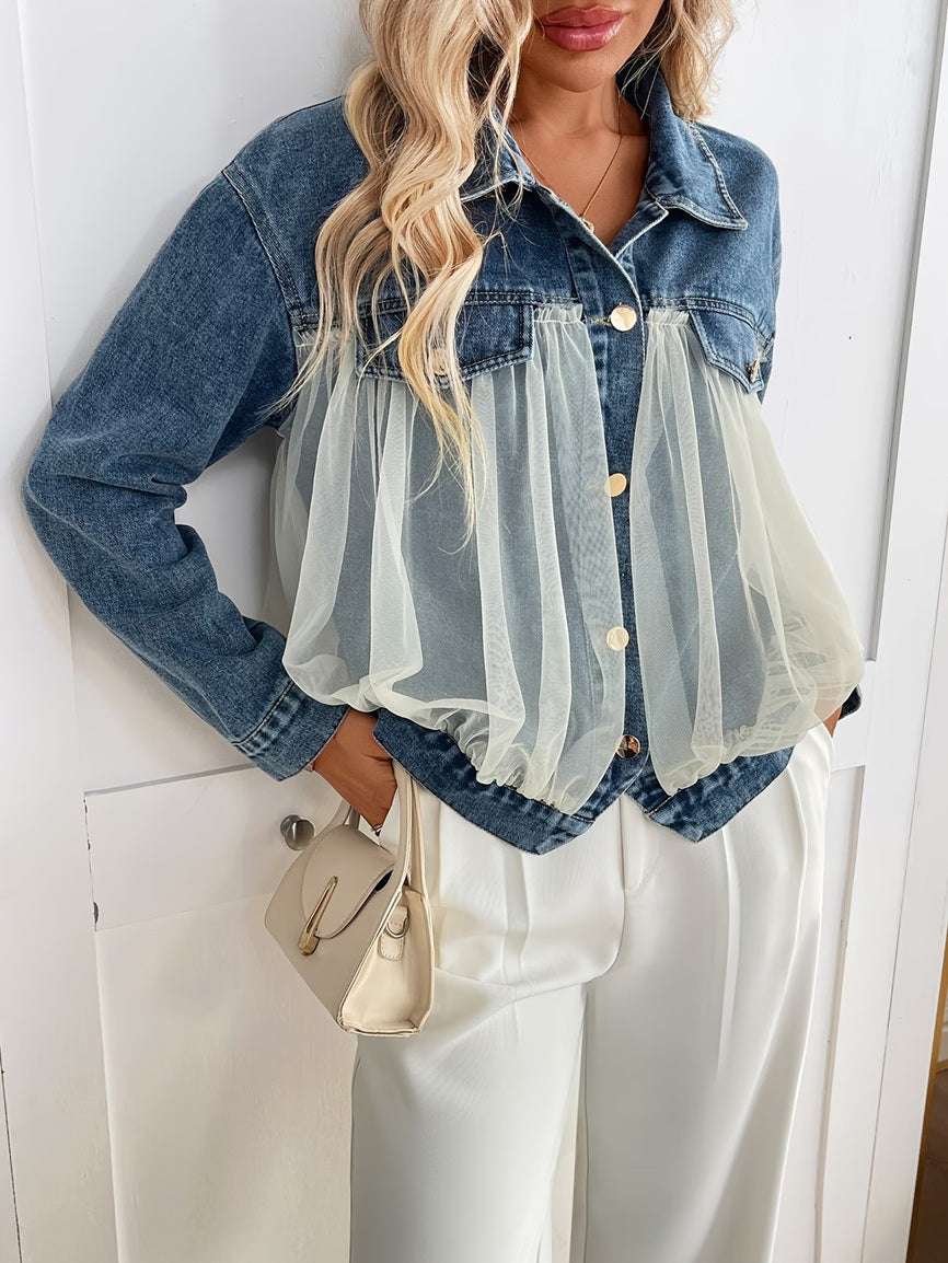 CM-CT494908 Women Casual Seoul Style Collar Neckline Long Sleeve Mesh Patchwork Denim Jacket - Blue