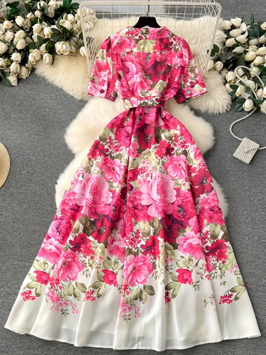 CM-DT968672 Women Casual Seoul Style Floral Printed Collar Neckline Short Sleeve Belted Dress