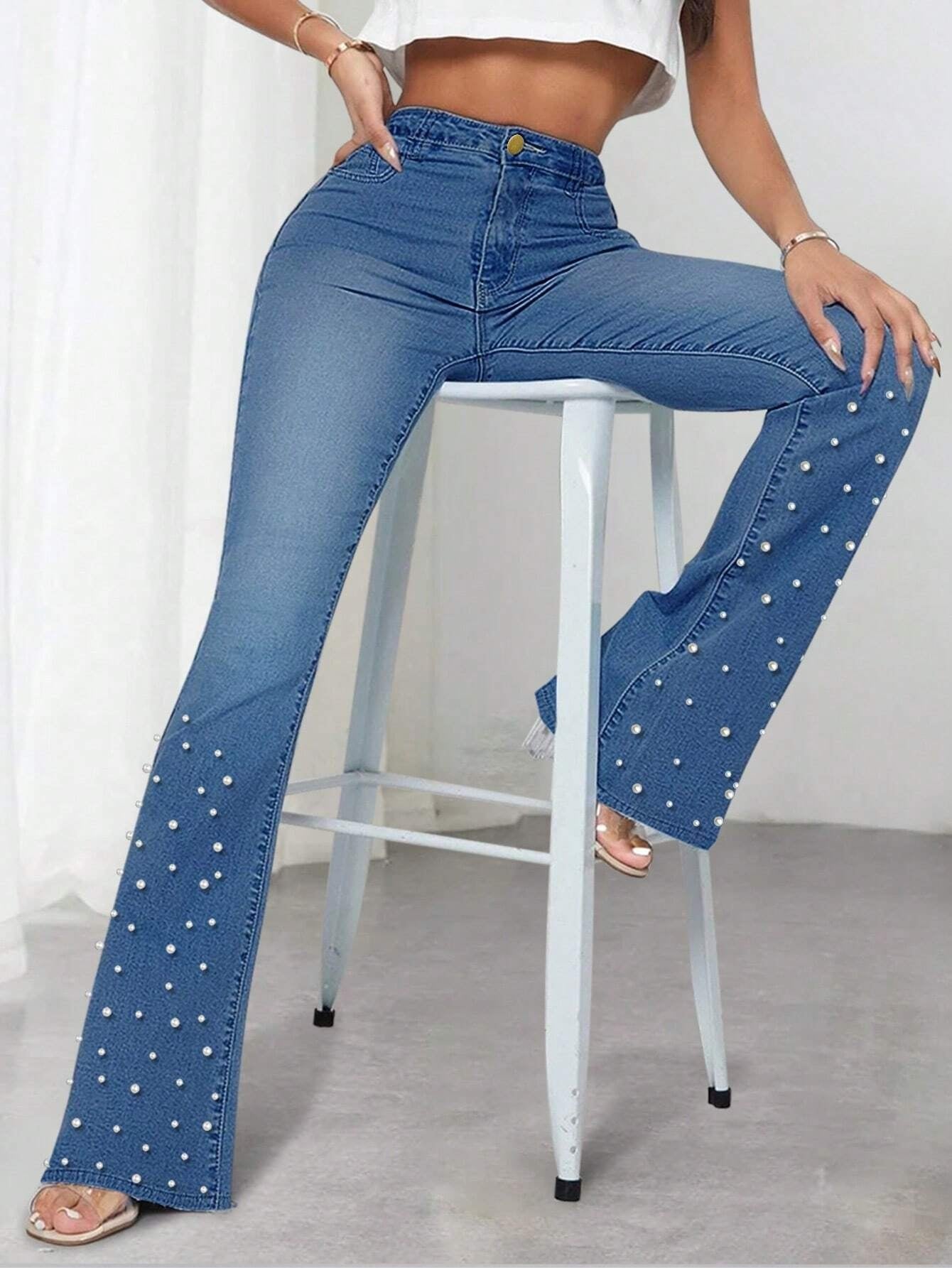 CM-BS923313 Women Preppy Seoul Style Medium Wash Pearls Beaded Flare Leg Jeans