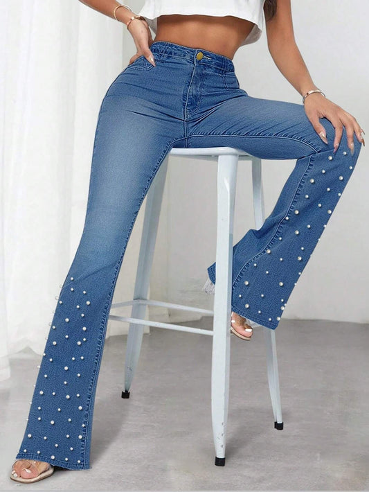 CM-BS923313 Women Preppy Seoul Style Medium Wash Pearls Beaded Flare Leg Jeans