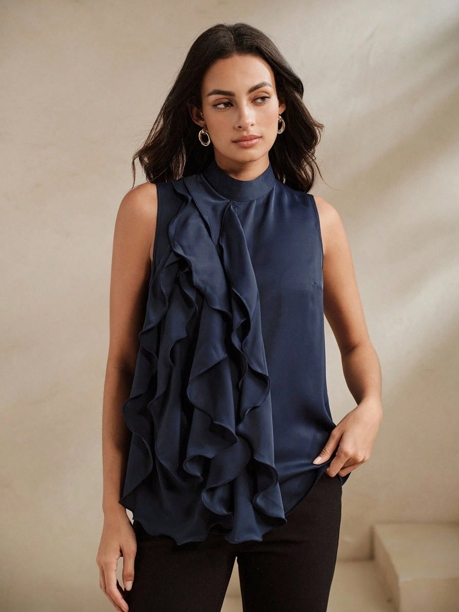 CM-TS898028 Women Elegant Seoul Style High Neck Sleeveless Multi-Layer Ruffle Asymmetric Tank Top - Navy Blue