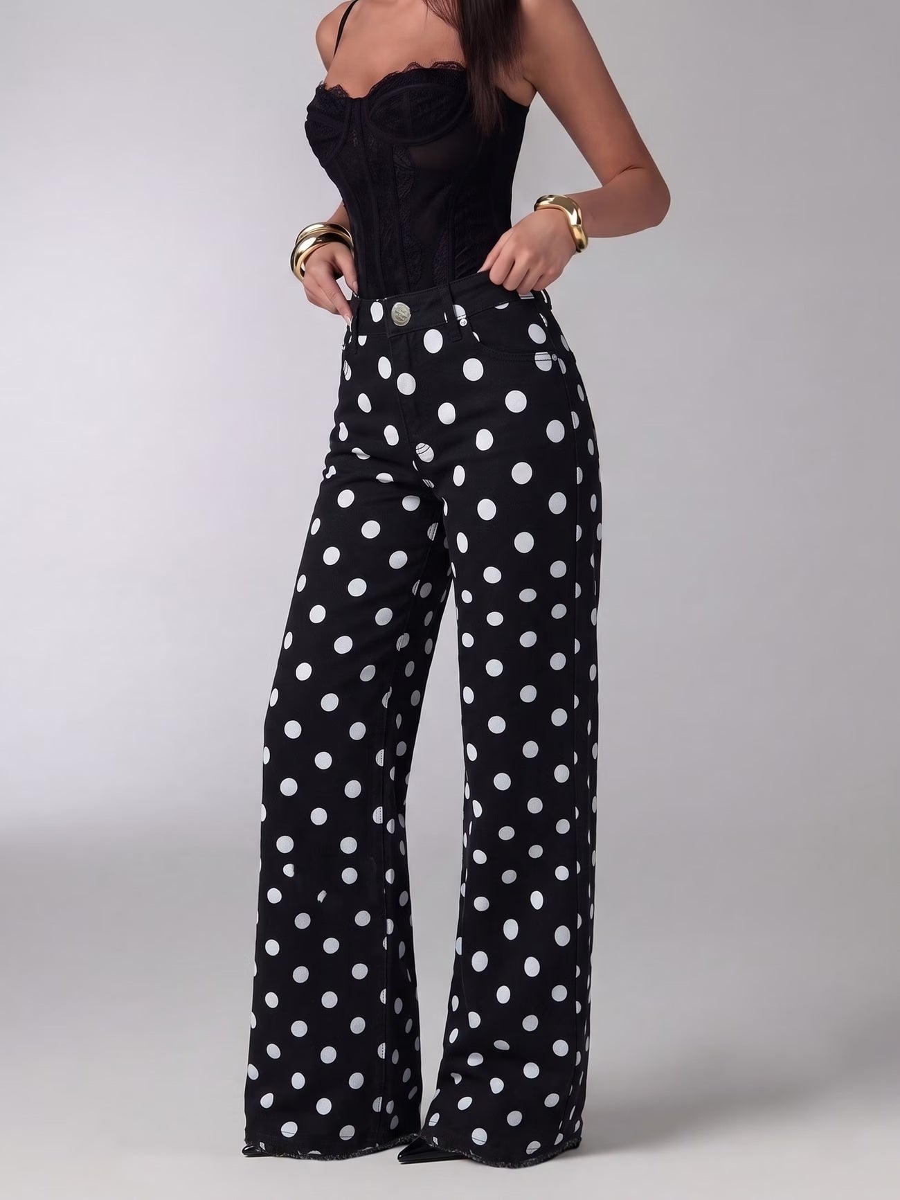 CM-BT186590 Women Casual Seoul Style High Waist Polka Dot Straight-Leg Long Jeans - Black