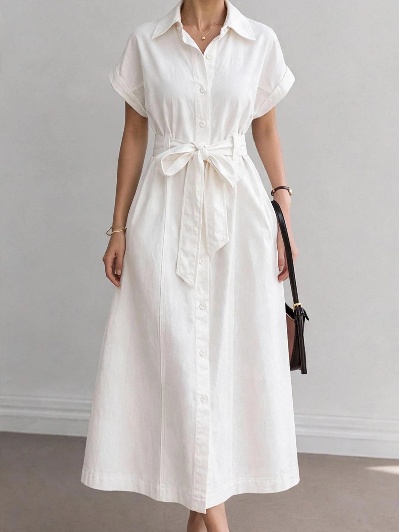 CM-DS429918 Women Casual Seoul Style Lapel Short Sleeve Button Tie Waist Solid Slim Fit Denim Dress - White
