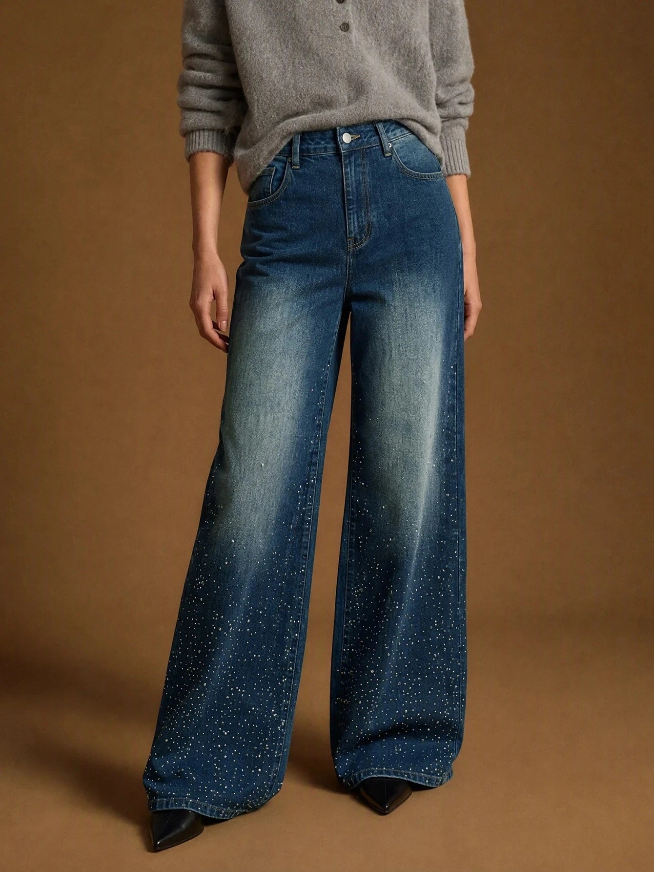 CM-BS350227 Women Elegant Seoul Style Mid Waist Rhinestone Sequin Straight Leg Long Denim Pants - Blue
