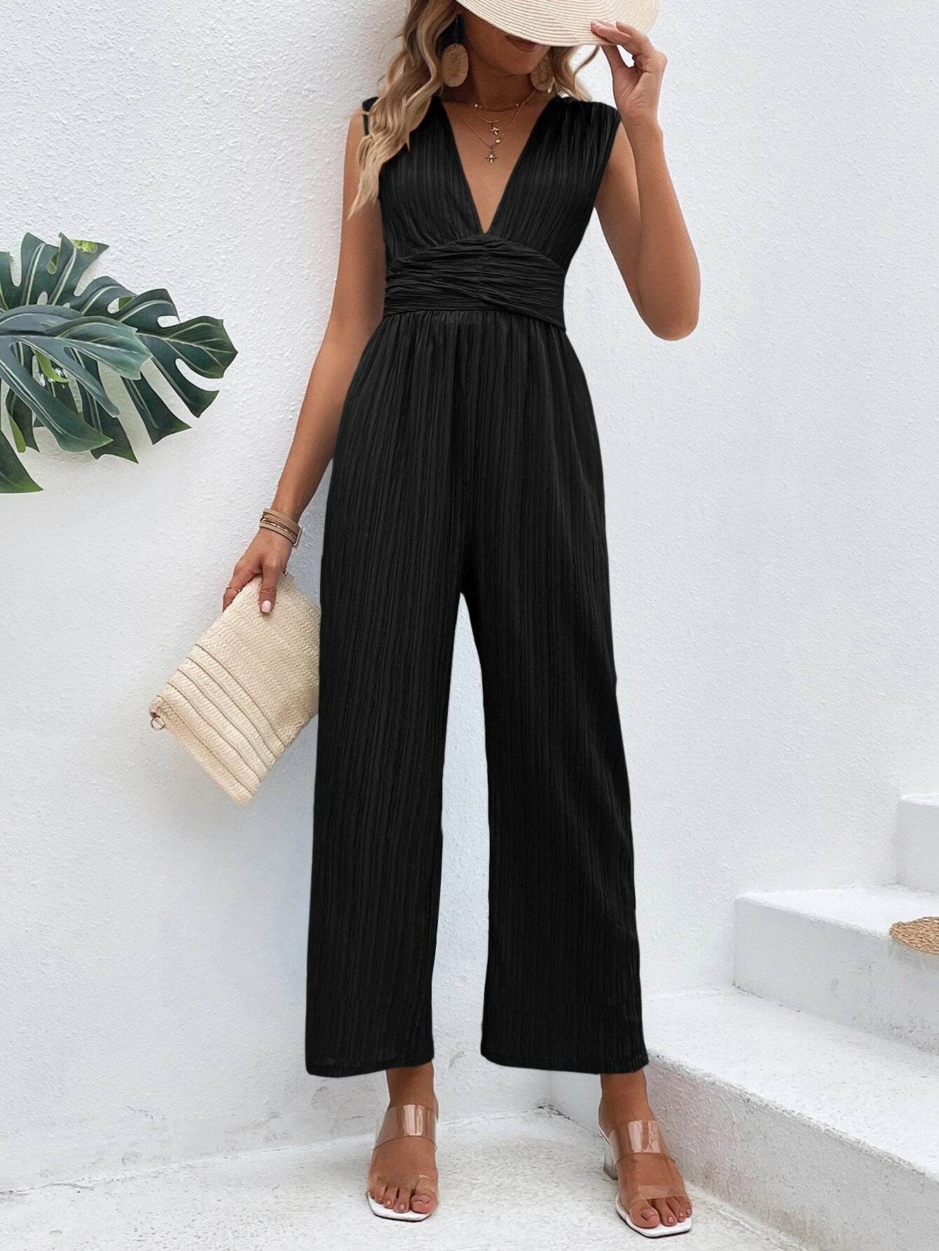 CM-JS042994 Women Casual Seoul Style Plunging Neck Tie Back Wide Leg Jumpsuit - Black