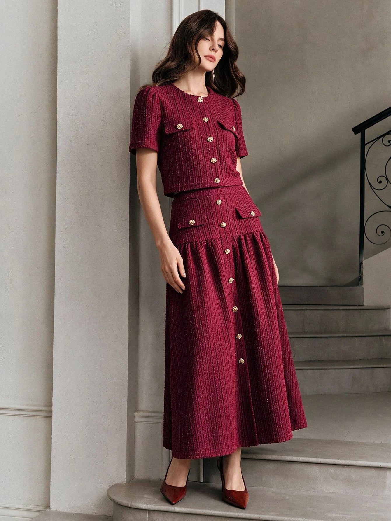 CM-SS503523 Women Elegant Seoul Style Round Neck Short Sleeve Button Decor Top With A-Line Skirt - Set