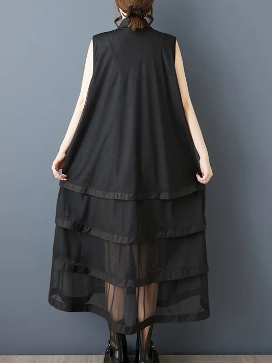 CM-DT033674 Women Casual Seoul Style Collar Neckline Button Front Sleeveless A-Line Shirt Dress - Black