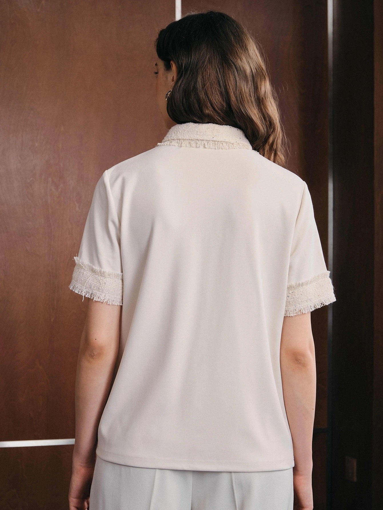 CM-TS014476 Women Elegant Seoul Style Patchwork Tweed Fringe Rhinestone Button Polo Shirt - Apricot