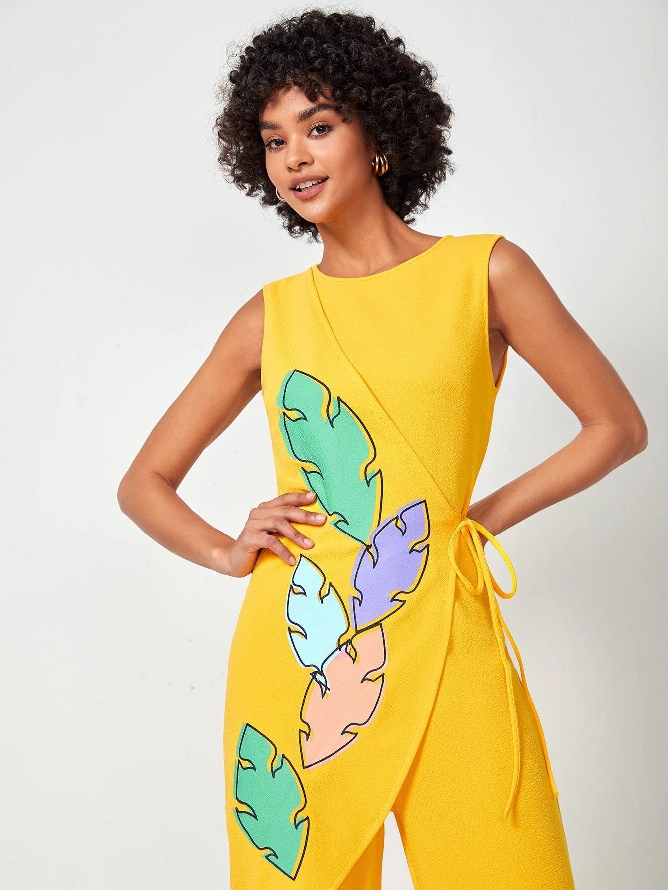 CM-JS322230 Women Elegant Seoul Style Leaf Print Knot Side Wrap Hem Tank Jumpsuit