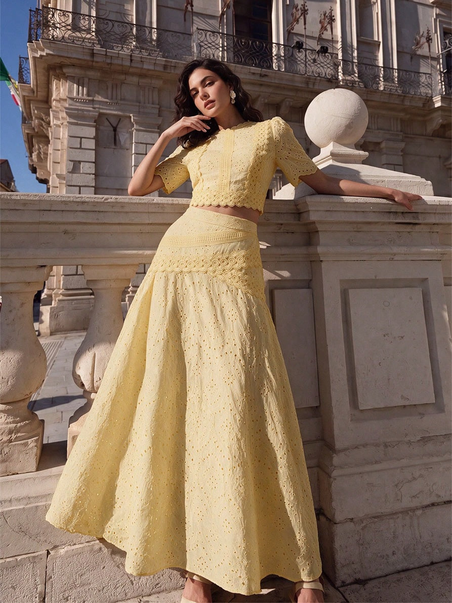 CM-SS040871 Women Elegant Seoul Style Round Neck Puff Sleeve Lace Patchwork Cropped Top With Long Skirt - Set