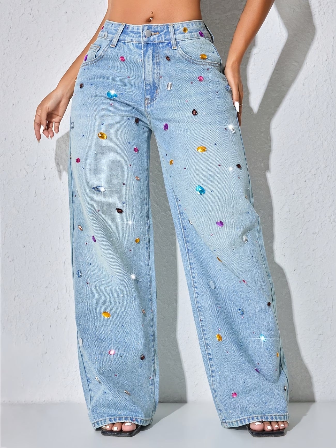 CM-BT518519 Women Casual Seoul Style Rhinestone Embroidery Wide Leg Denim Pants - Blue