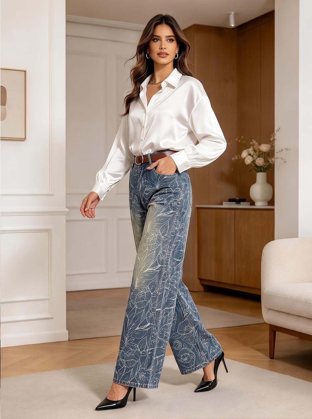 CM-BT636983 Women Casual Seoul Style Medium Wash Mid Waist Floral Jacquard Wide-Leg Jeans