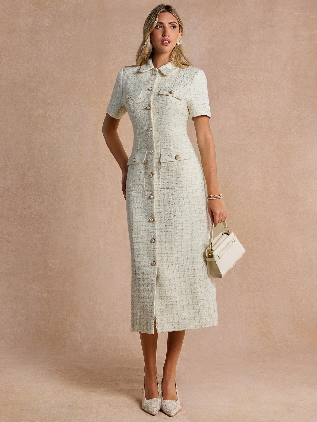 CM-DS977443 Women Elegant Seoul Style Collar Neckline Short Sleeve High Waist Sequin Tweed Midi Dress