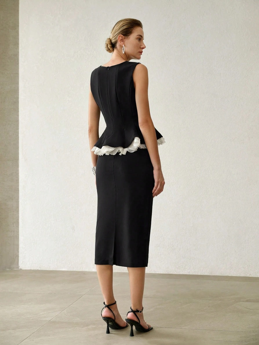 CM-SS084702 Women Elegant Seoul Style Minimalist Patchwork Ruffle Sleeveless Top With Midi Skirt - Set
