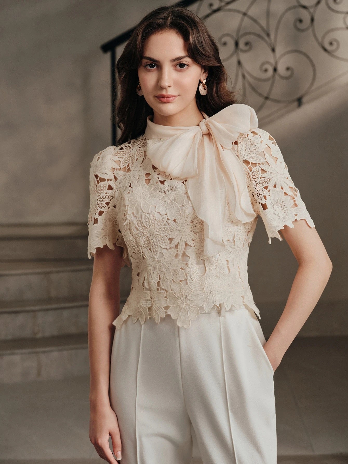 CM-TS163047 Women Elegant Seoul Style Tie Neck Puff Sleeve Hollow Lace Bowknot Blouse - Apricot