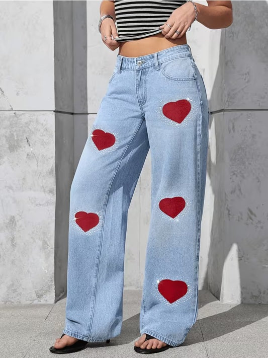 CM-BT000755 Women Casual Seoul Style Mid Waist Embroidered 3D Plush Heart Rhinestone Decor Wide-Leg Jeans