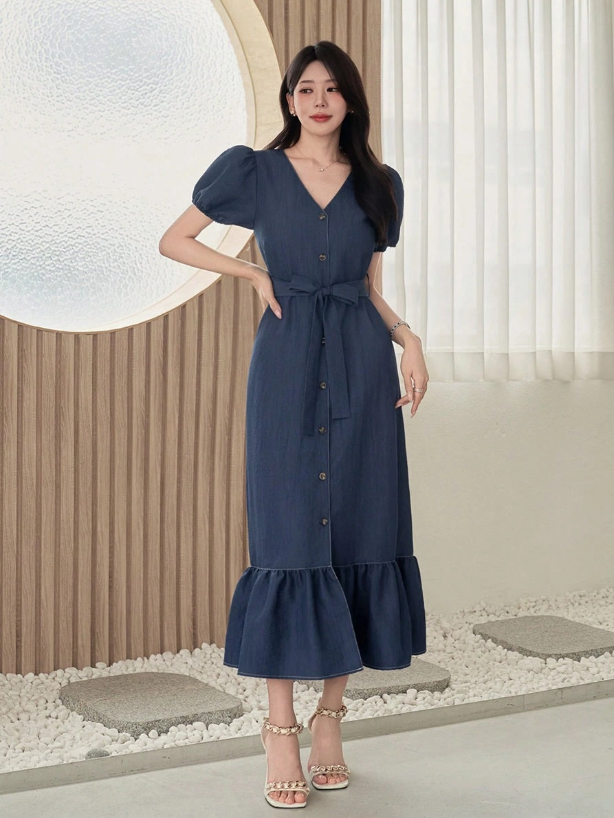 CM-DS294695 Women Casual Seoul Style V-Neck Puff Sleeve Ruffle Hem Cinched Waist Long Dress - Blue