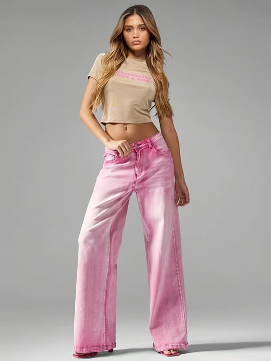 CM-BT966375 Women Casual Seoul Style Mid Waist Washed Straight-Leg Jeans - Pink