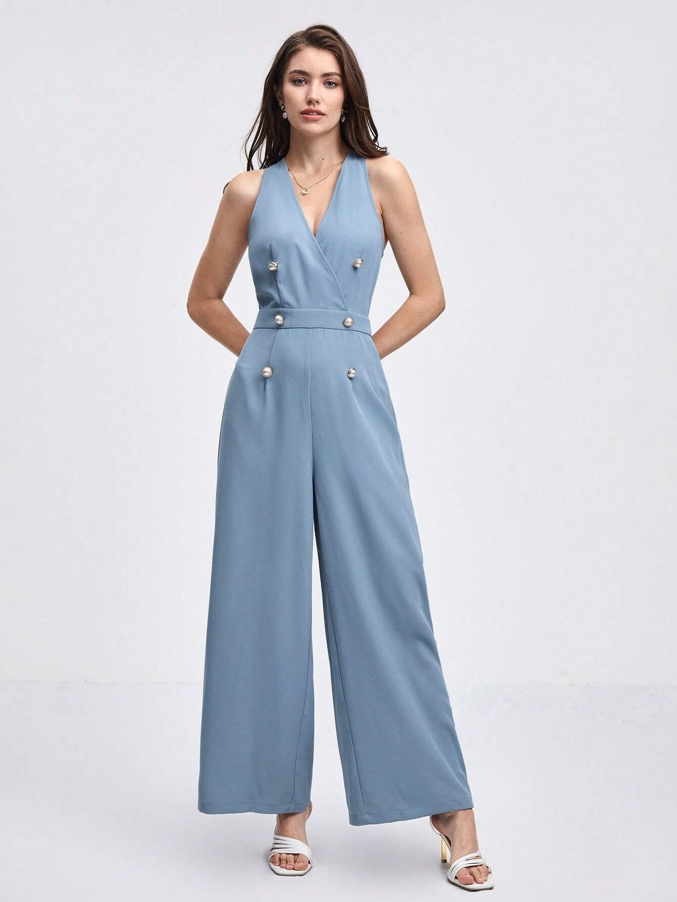 CM-JS581906 Women Elegant Seoul Styel Double Breasted Wide Leg Jumpsuit - Dusty Blue
