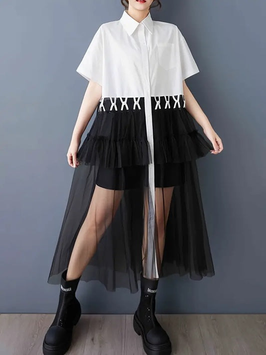 CM-DT892675 Women Casual Seoul Style Colorblock Collar Neckline Short Sleeve Mesh Shirt Dress