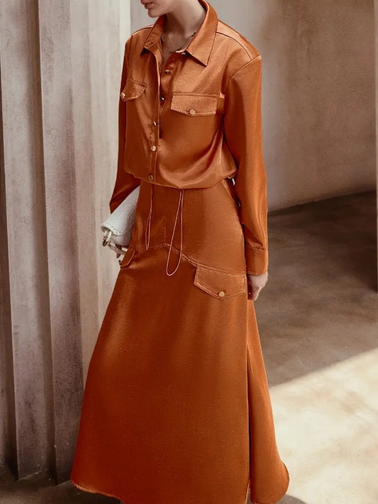 CM-ST351276 Women Elegant Seoul Style Solid Color Front Button Long Sleeve Drawstring Top With Maxi Skirt - Set