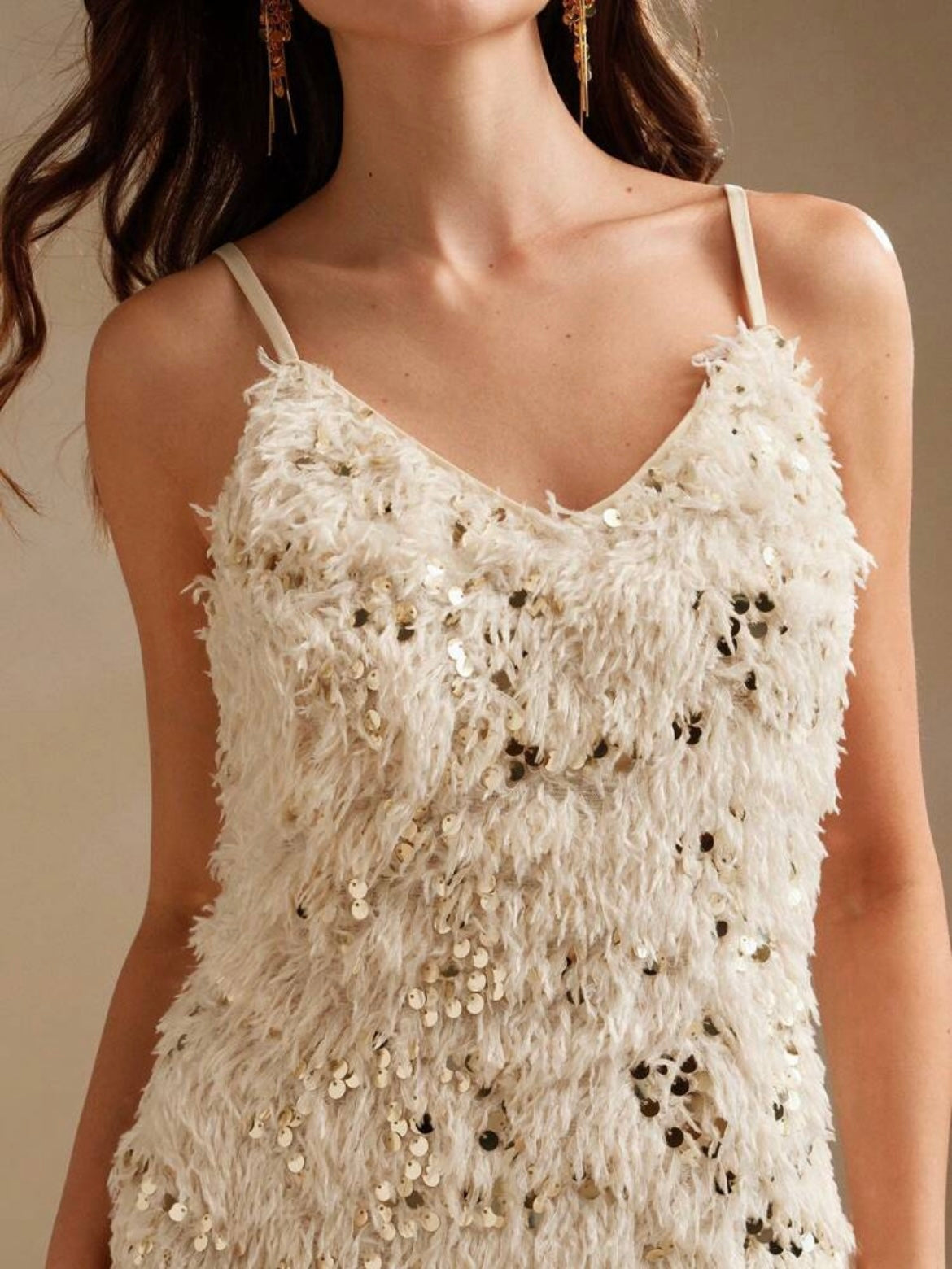 CM-DS722963 Women Elegant Seoul Style Fitted Sequin Embellished Feather Decor Slip Dress - Apricot
