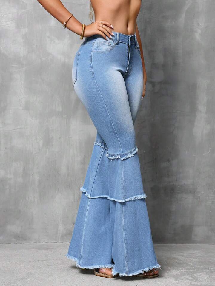 CM-BS928591 Women Casual Seoul Style Light Wash Splice Multi-Layer Fringed Patch Pockets Flare Jeans
