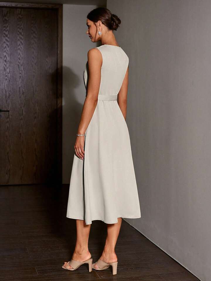 CM-DS234033 Women Casual Seoul Style Round Neck Half Zipper Sleeveless Dress - Light Gray