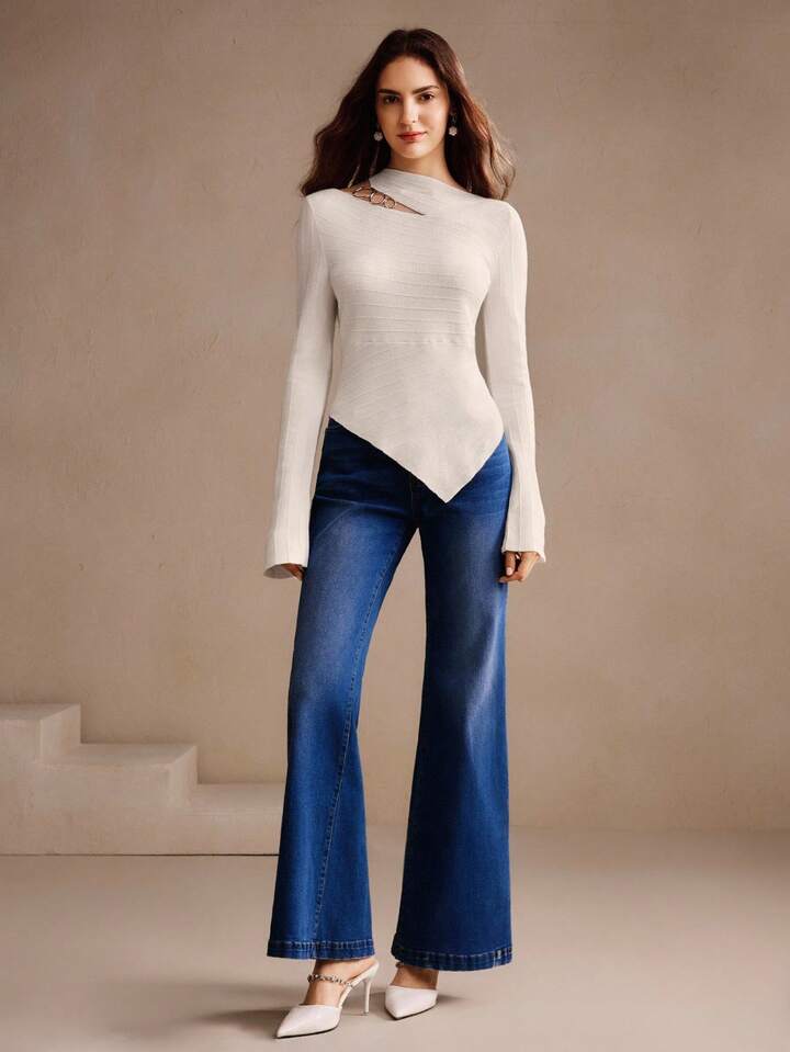 CM-CS093991 Women Elegant Seoul Style Hollow Asymmetric Neck Long Sleeve Knit Sweater - White