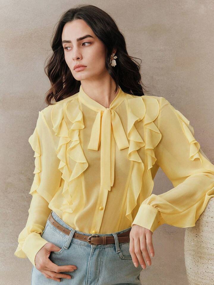 CM-TS521178 Women Elegant Seoul Style Minimalist Tie-Front Ruffle Trim Long Sleeve Blouse - Yellow