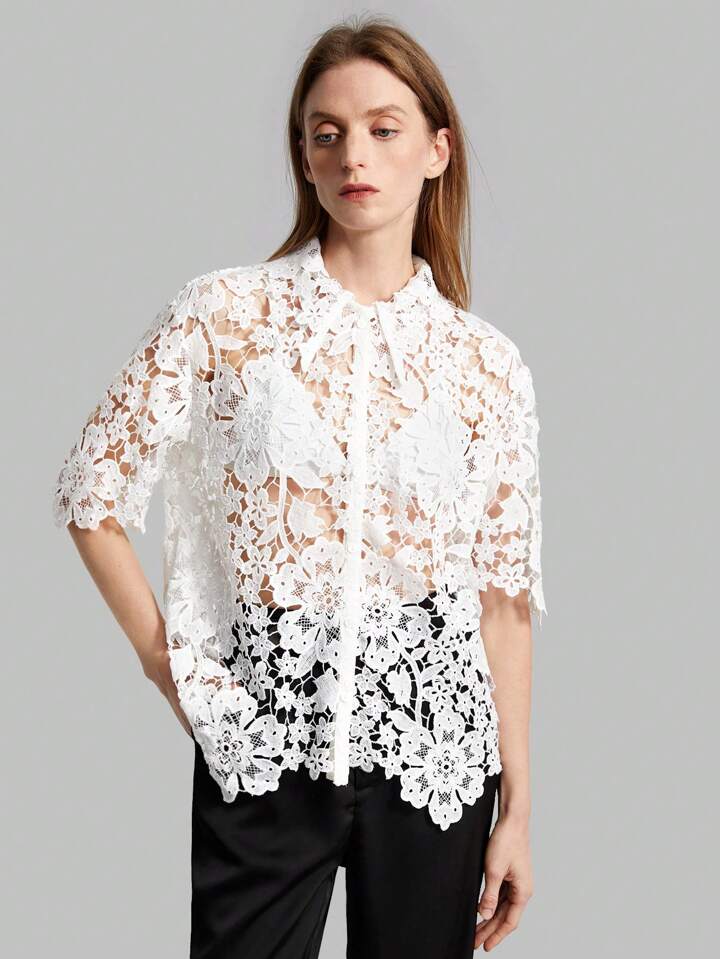 CM-TS357252 Women Casual Seoul Style Stand Collar Short Sleeve Lace Hollow Out Shirt - White
